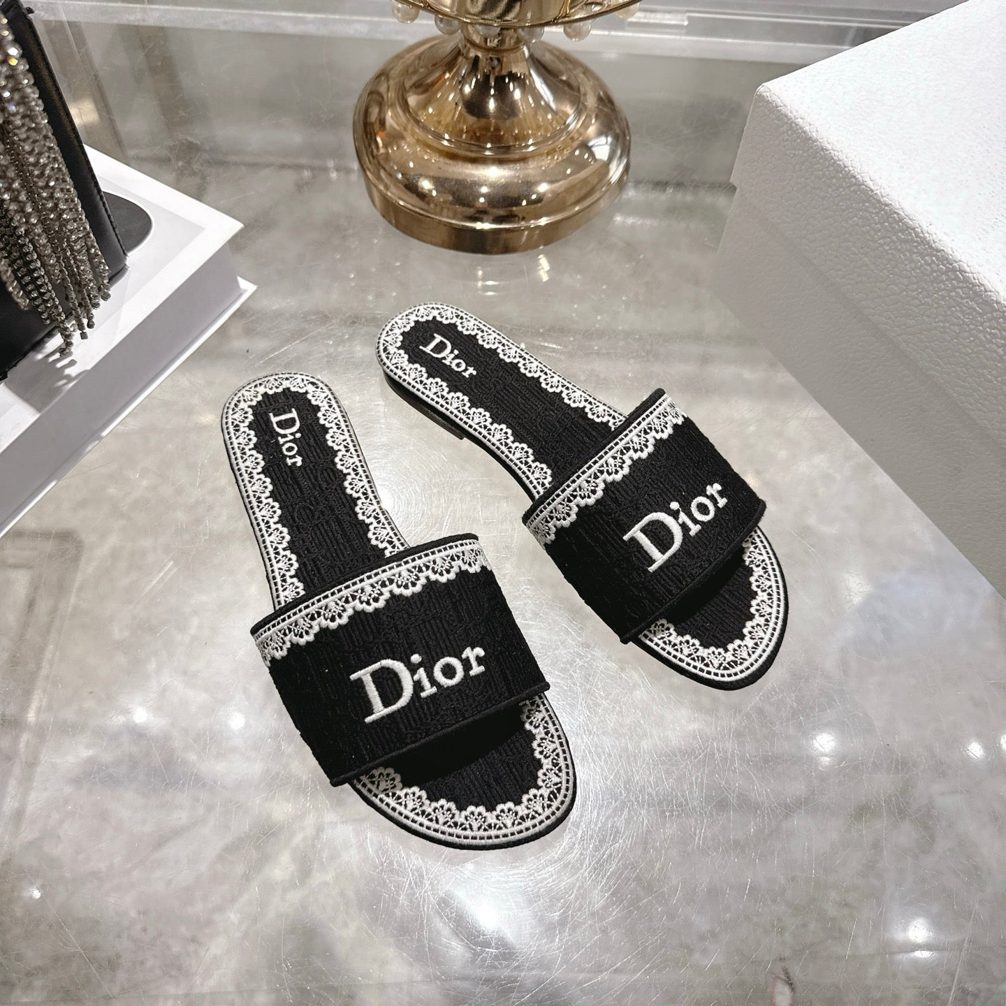 CC 26 Embroidered Sandals Black White Canvas 592246