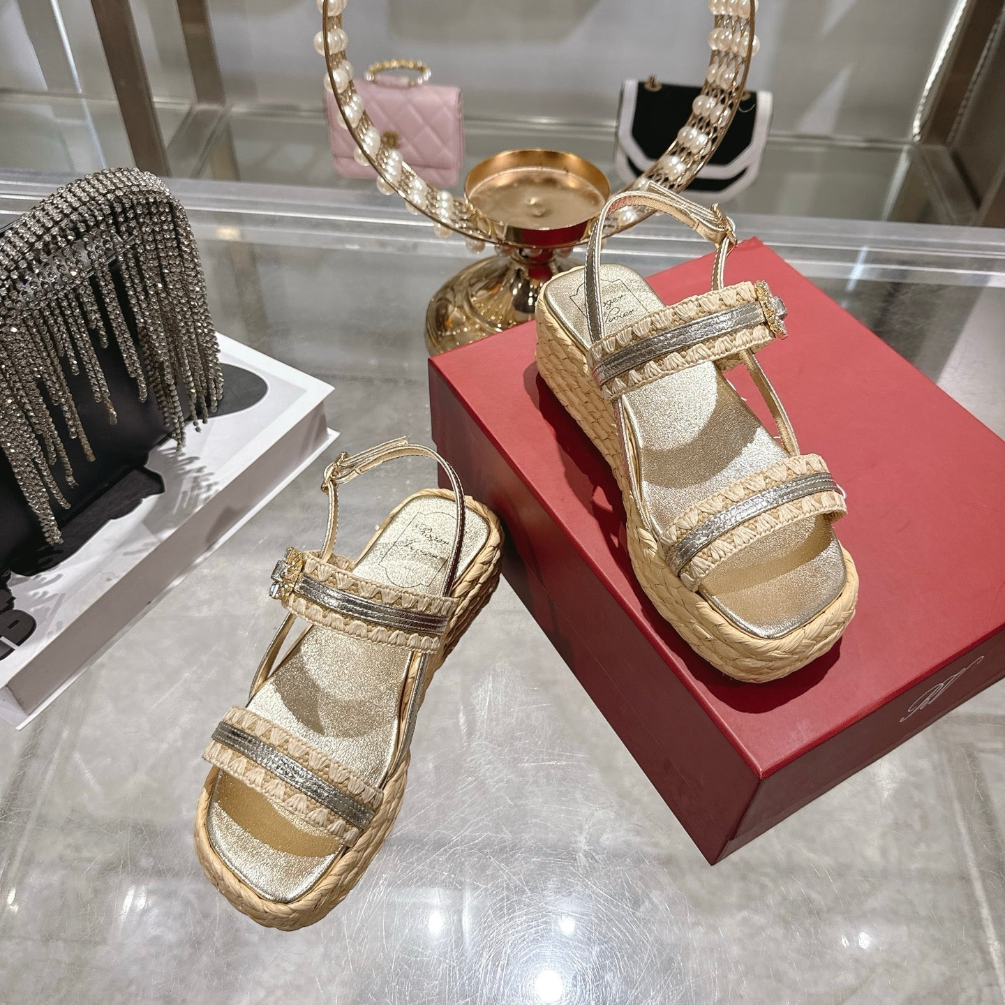 Roger Vivier Wedge Sandals 6cm Sliver Beige Lambskin Raffia 679797