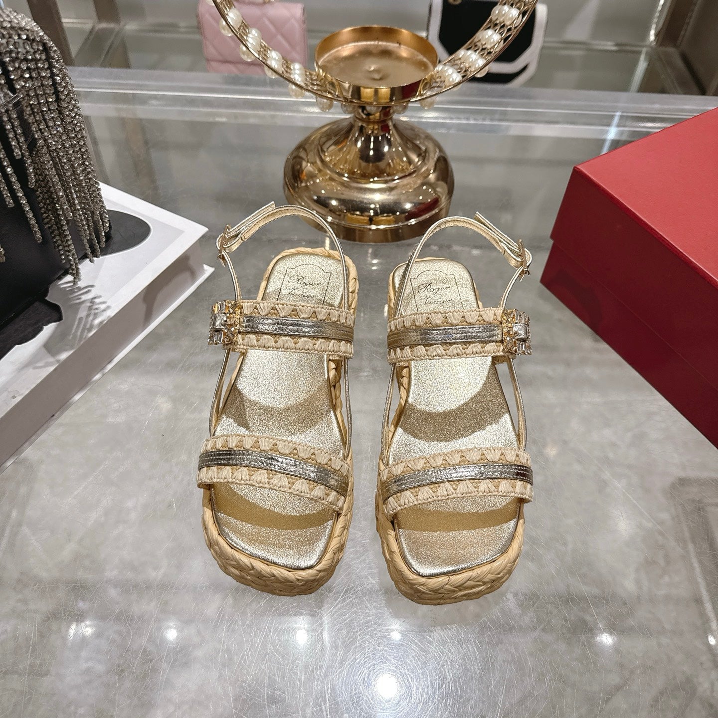 Roger Vivier Wedge Sandals 6cm Sliver Beige Lambskin Raffia 679797