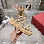 Roger Vivier Wedge Sandals 6cm Sliver Beige Lambskin Raffia 679797