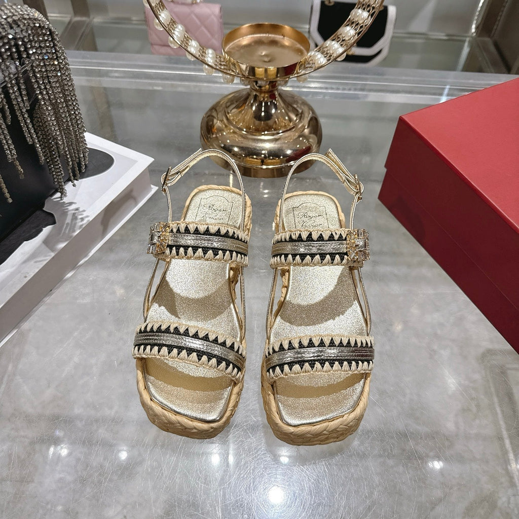 Roger Vivier Wedge Sandals 6cm Gold Black Lambskin Raffia 679798