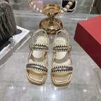 Roger Vivier Wedge Sandals 6cm Gold Black Lambskin Raffia 679798