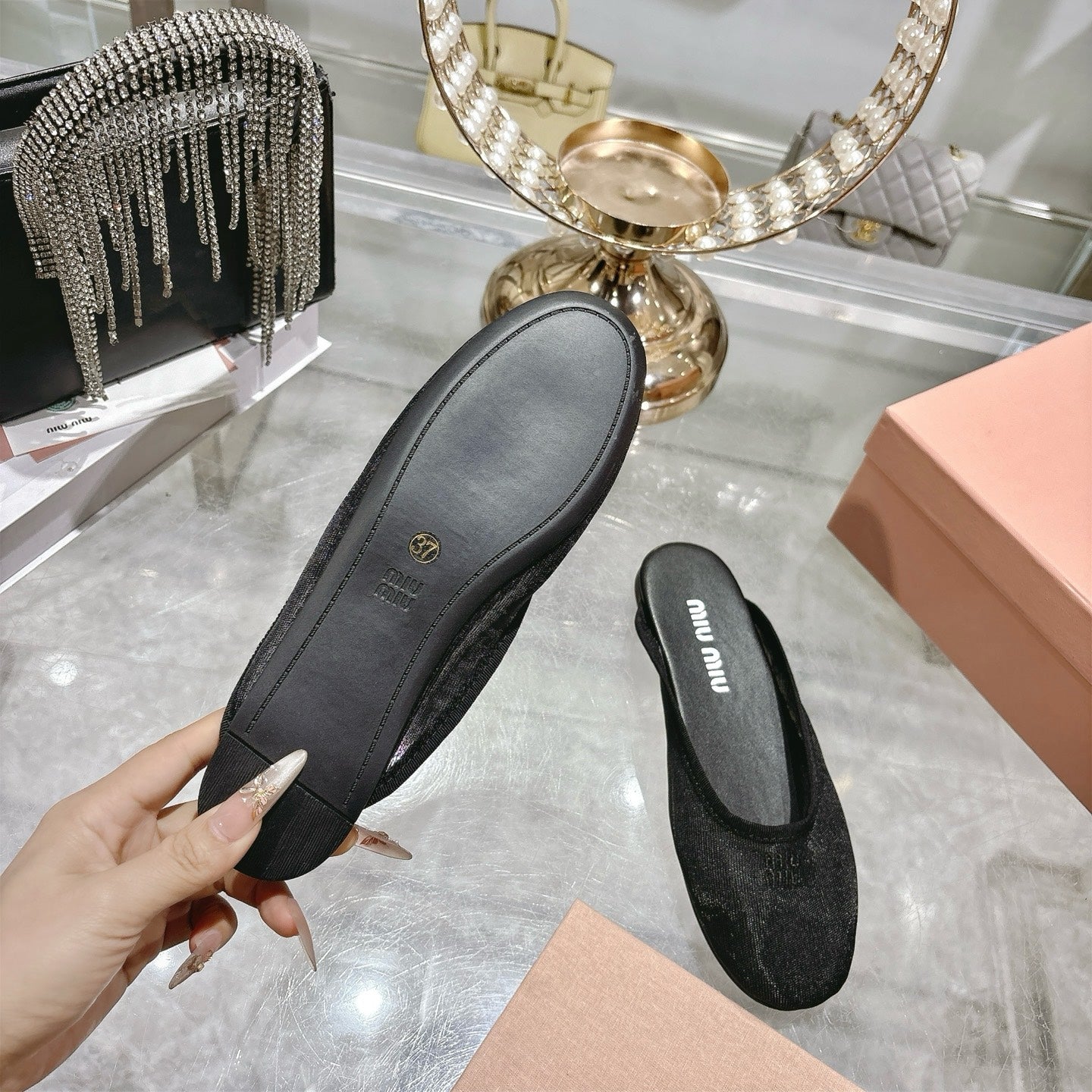Miu Miu 26s Slippers Black Mesh 679835