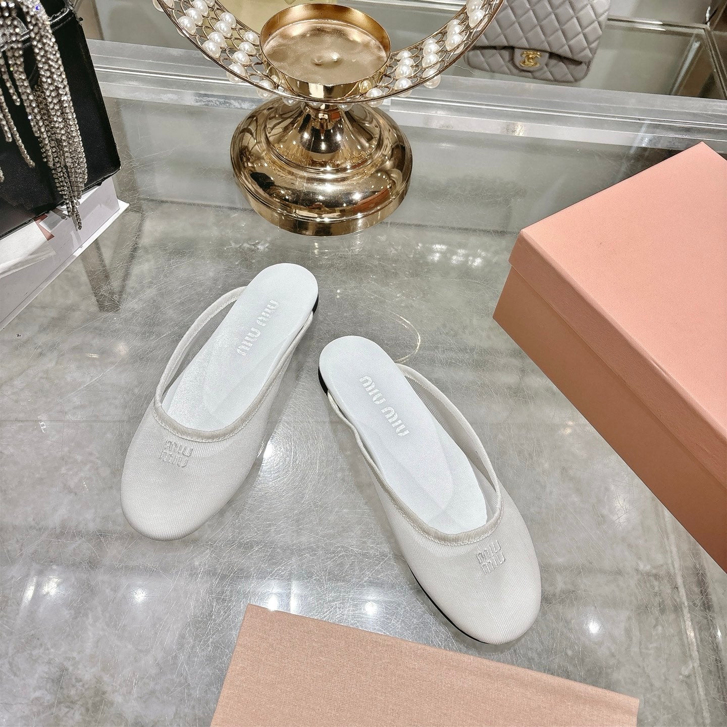 Miu Miu 26s Slippers White Mesh 679837