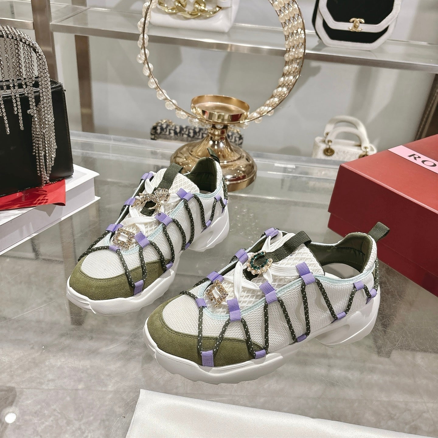 Roger Vivier Zag Sneakers White Olive Lace Suede 679799