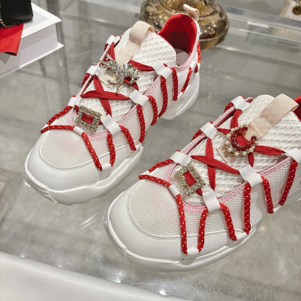 Roger Vivier Zag Sneakers White Red Lace Lambskin 679800