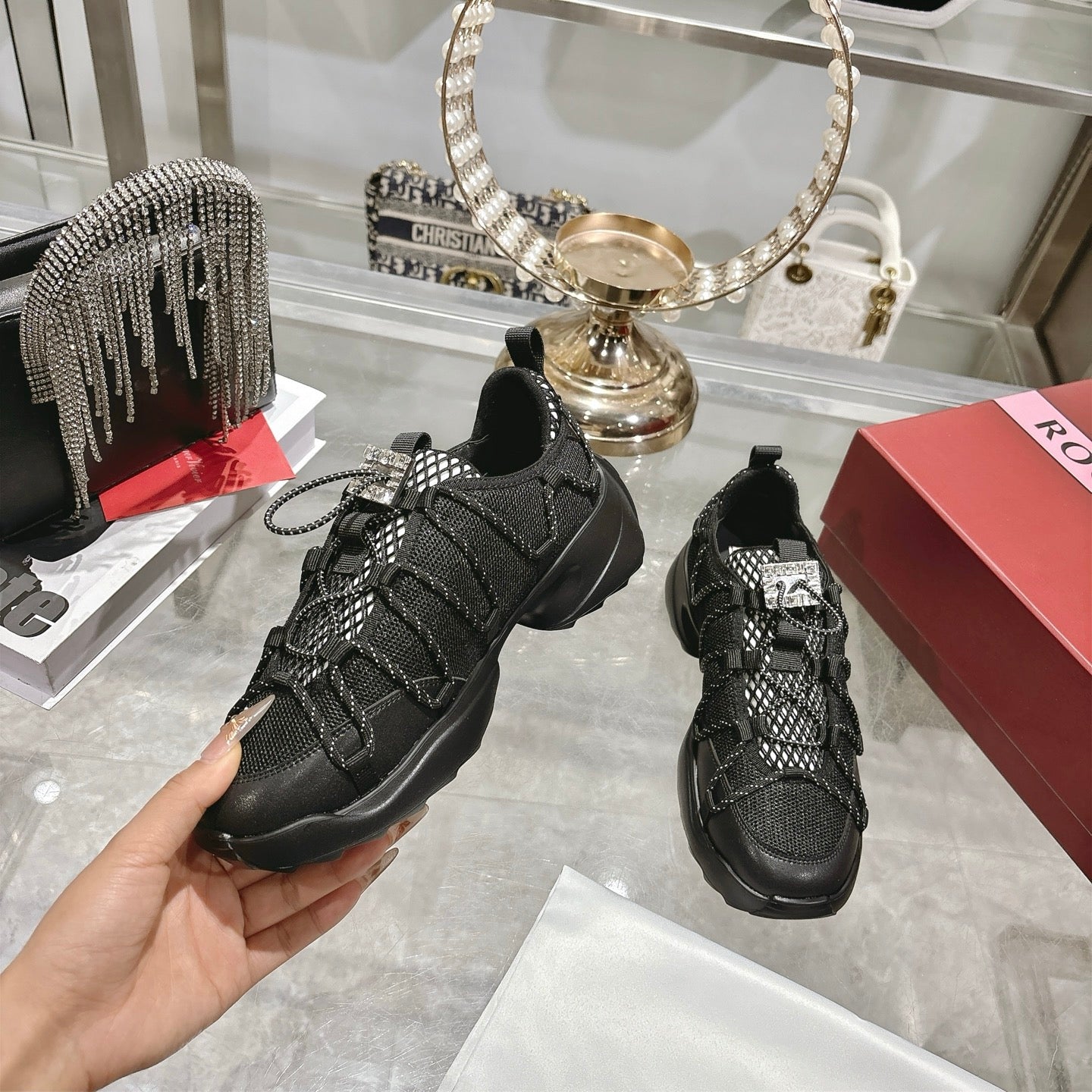 Roger Vivier Zag Sneakers Black Lace Lambskin 679803