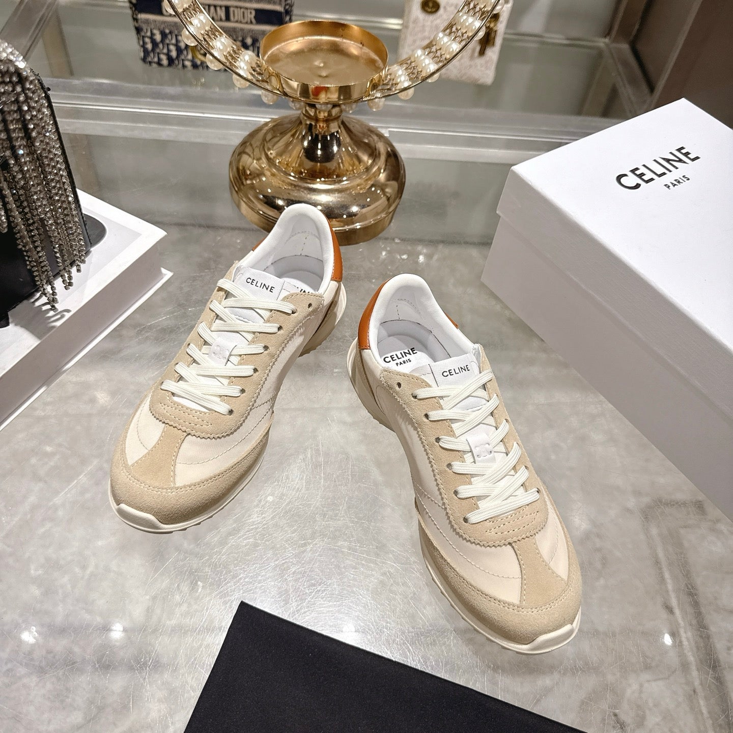 Celine Racer Sneaker Beige Suede Fabric 679818