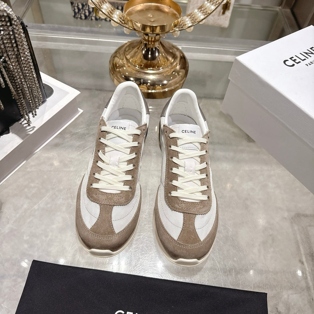 Celine Racer Sneaker Dark Khahi White Suede Fabric 679821
