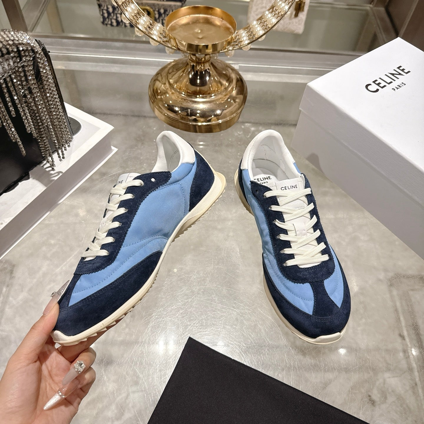 Celine Racer Sneaker Navy Blue Sky Blue Suede Lace 679823