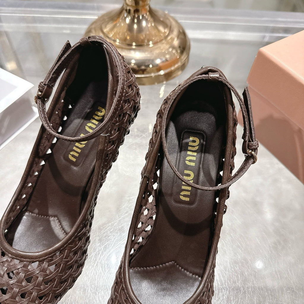 Miu 26s Strappy Pumps 7.5cm Chocolate Sheepskin 679776