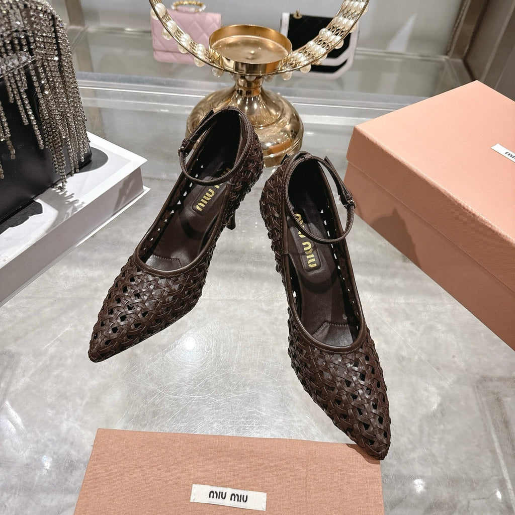 Miu 26s Strappy Pumps 7.5cm Chocolate Sheepskin 679776