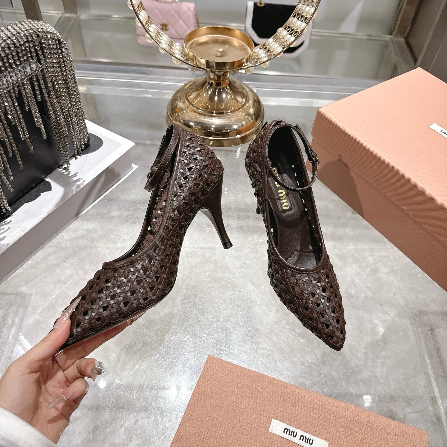 Miu 26s Strappy Pumps 7.5cm Chocolate Sheepskin 679776