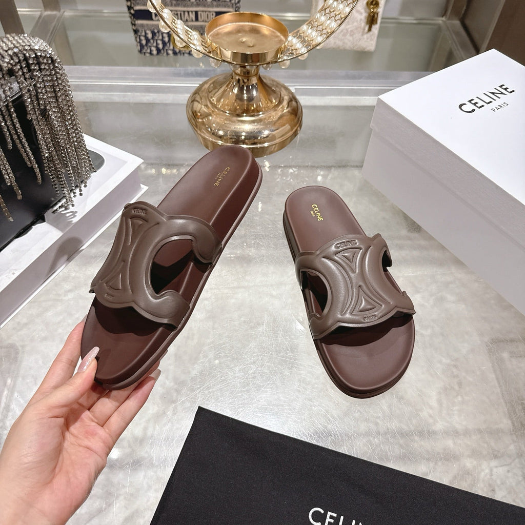Celine 26s Triomphe Slide Chocolate Sheepskin 679832