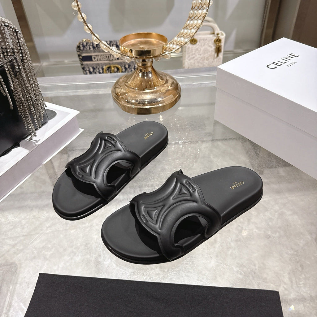 Celine 26s Triomphe Slide Black Sheepskin 679833