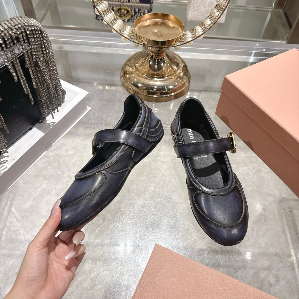Miu 26s Gymnasium Ballerinas Navy Blue Leather 679783
