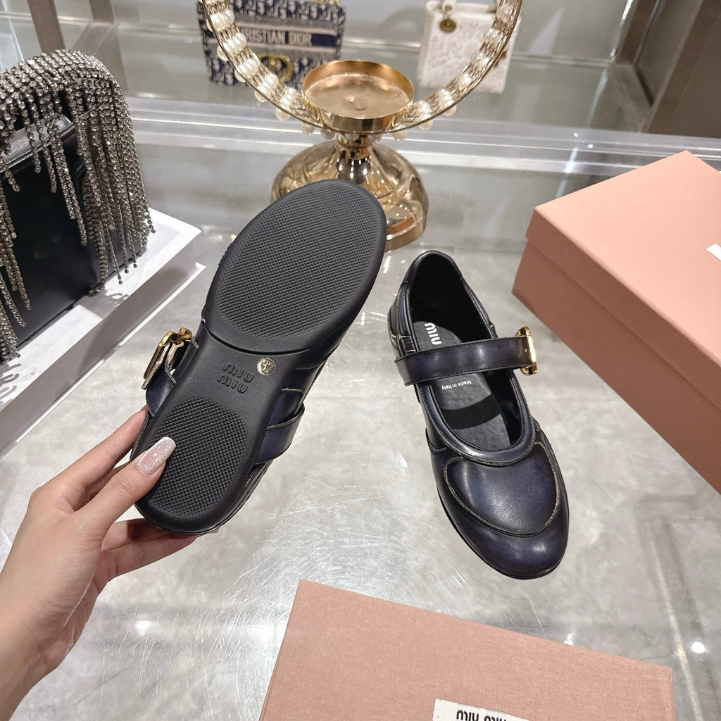 Miu 26s Gymnasium Ballerinas Navy Blue Leather 679783