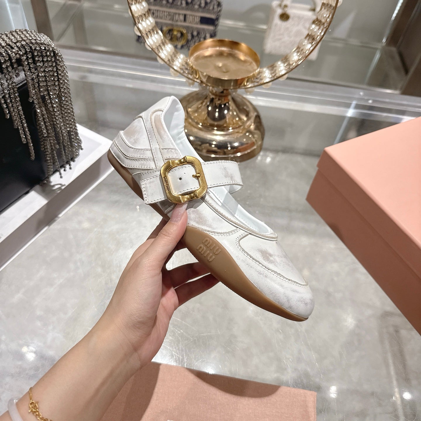 Miu 26s Gymnasium Ballerinas Dust White Leather 679784