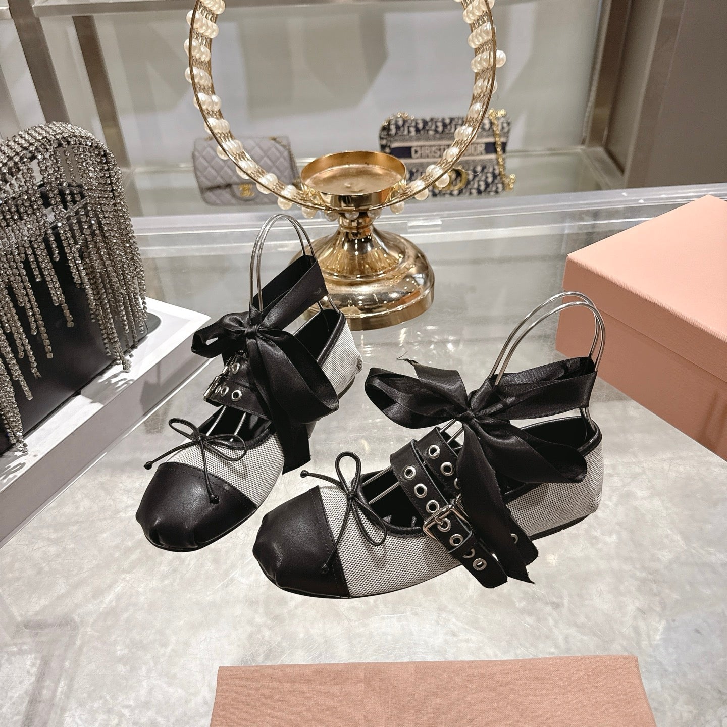 Miu 26s Ballerinas Beige Black Canvas Leather 679790