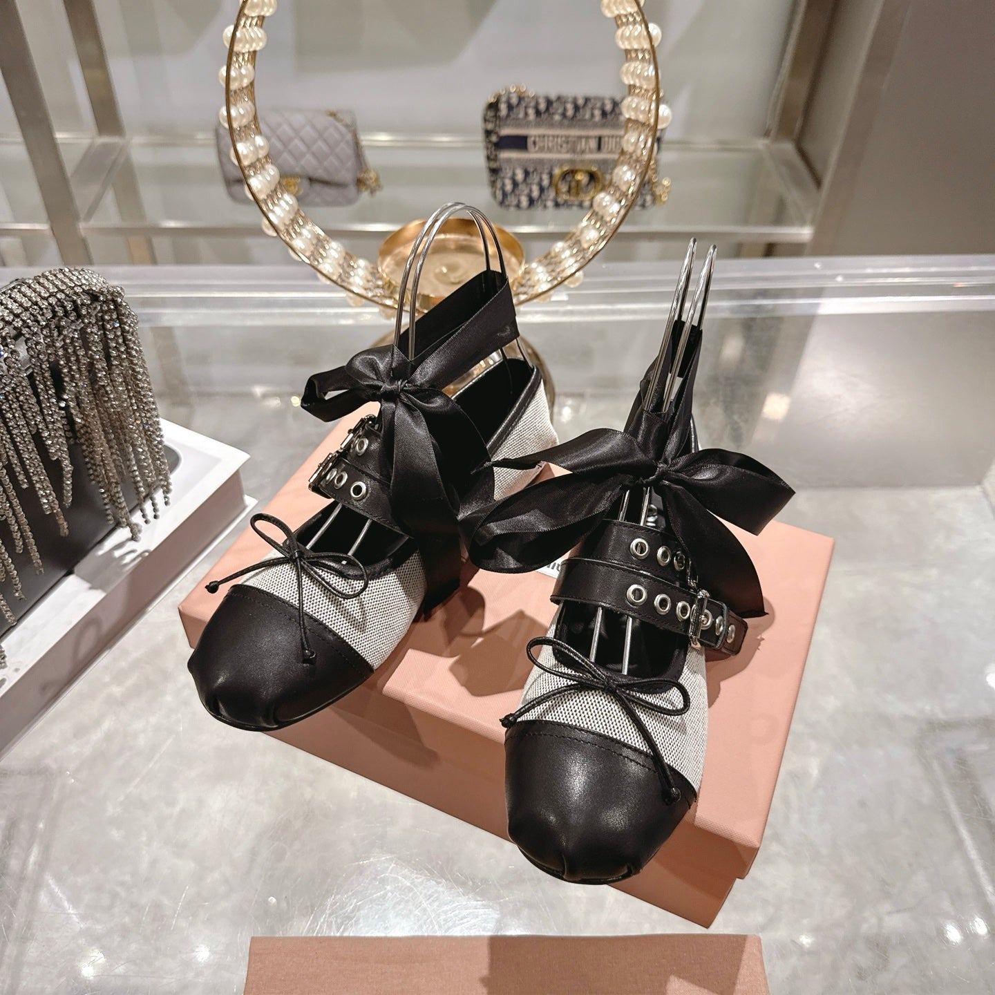 Miu 26s Ballerinas Beige Black Canvas Leather 679790