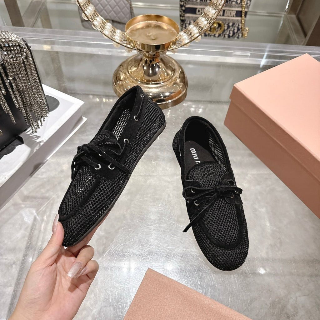 Miu 26s Boat Shoe Black Mesh Suede 679793