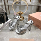 Miu Platform Sandal 12cm With Bow Sliver Leather 751320