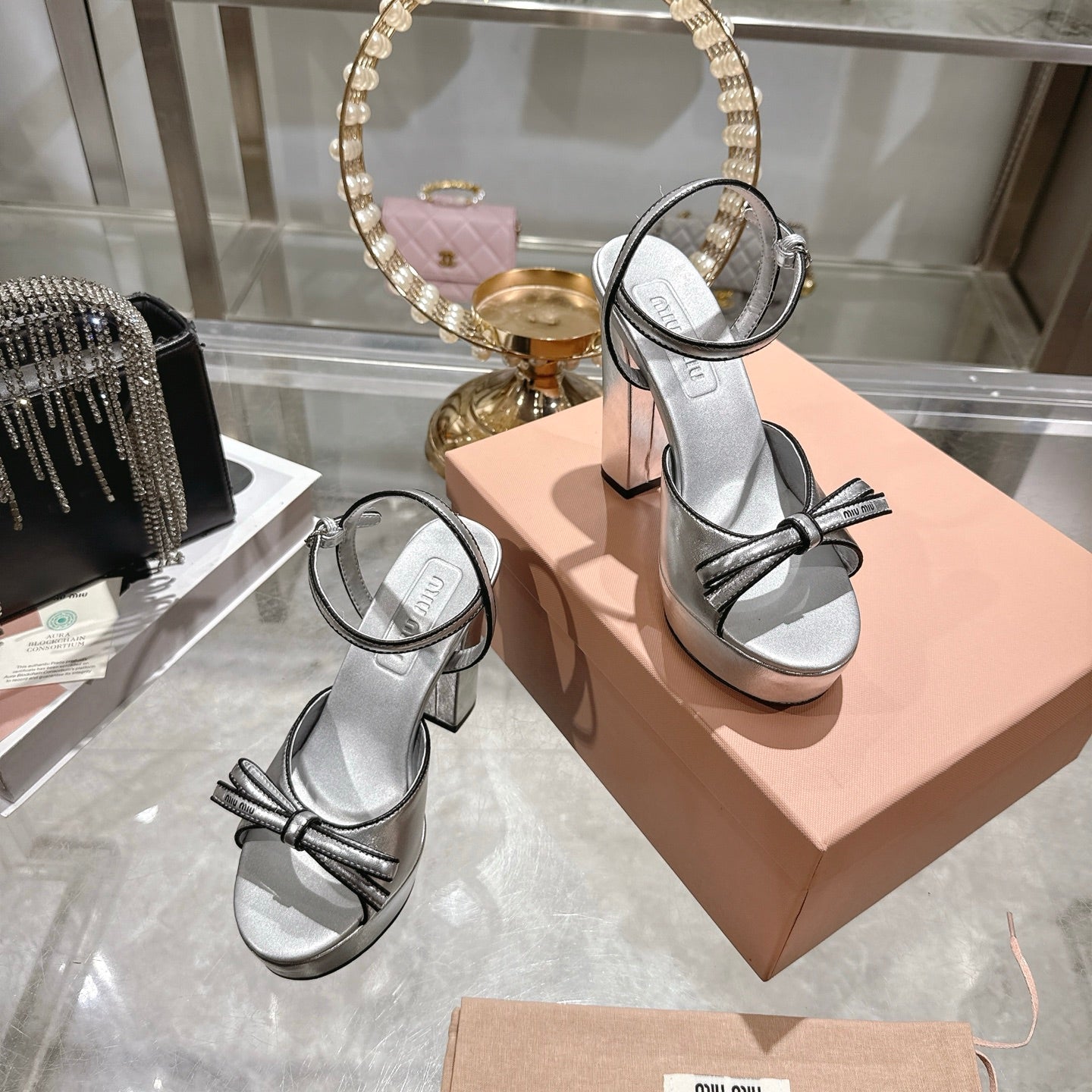 Miu Platform Sandal 12cm With Bow Sliver Leather 751320