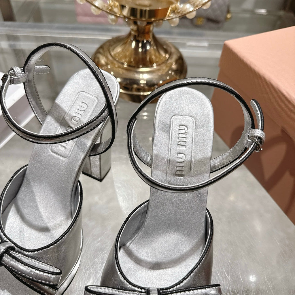 Miu Platform Sandal 12cm With Bow Sliver Leather 751320