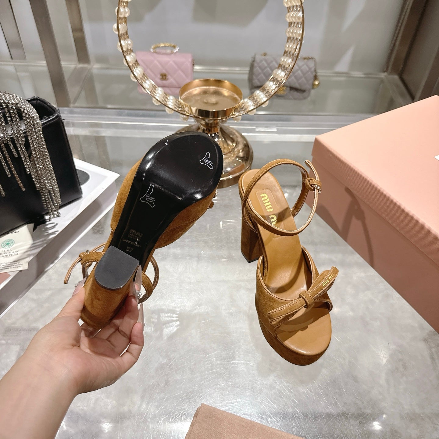 Miu Platform Sandal 12cm With Bow Brown Suede 751321