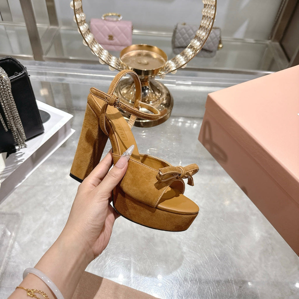 Miu Platform Sandal 12cm With Bow Brown Suede 751321