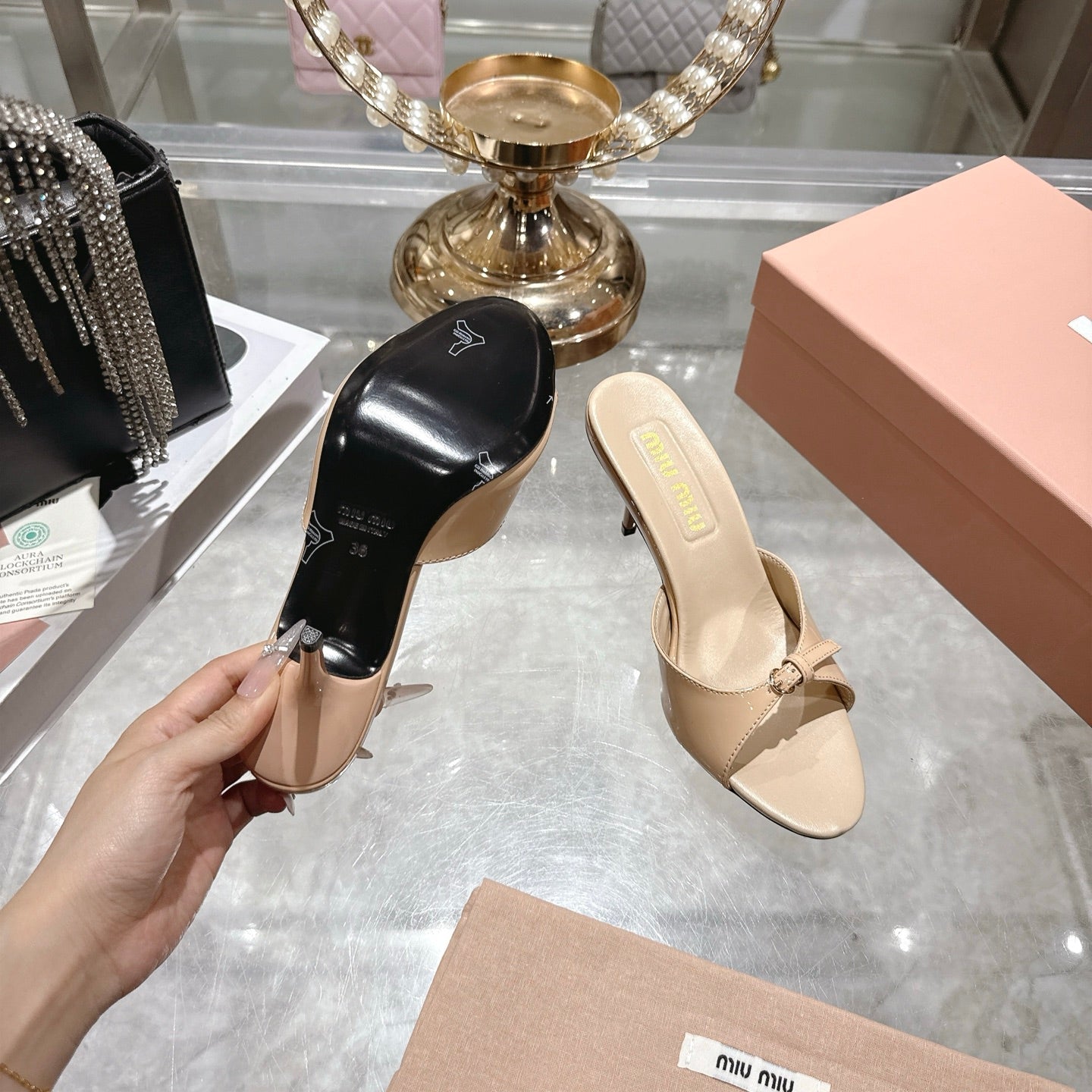 Miu Mules With Buckle Beige Patent Leather 751334