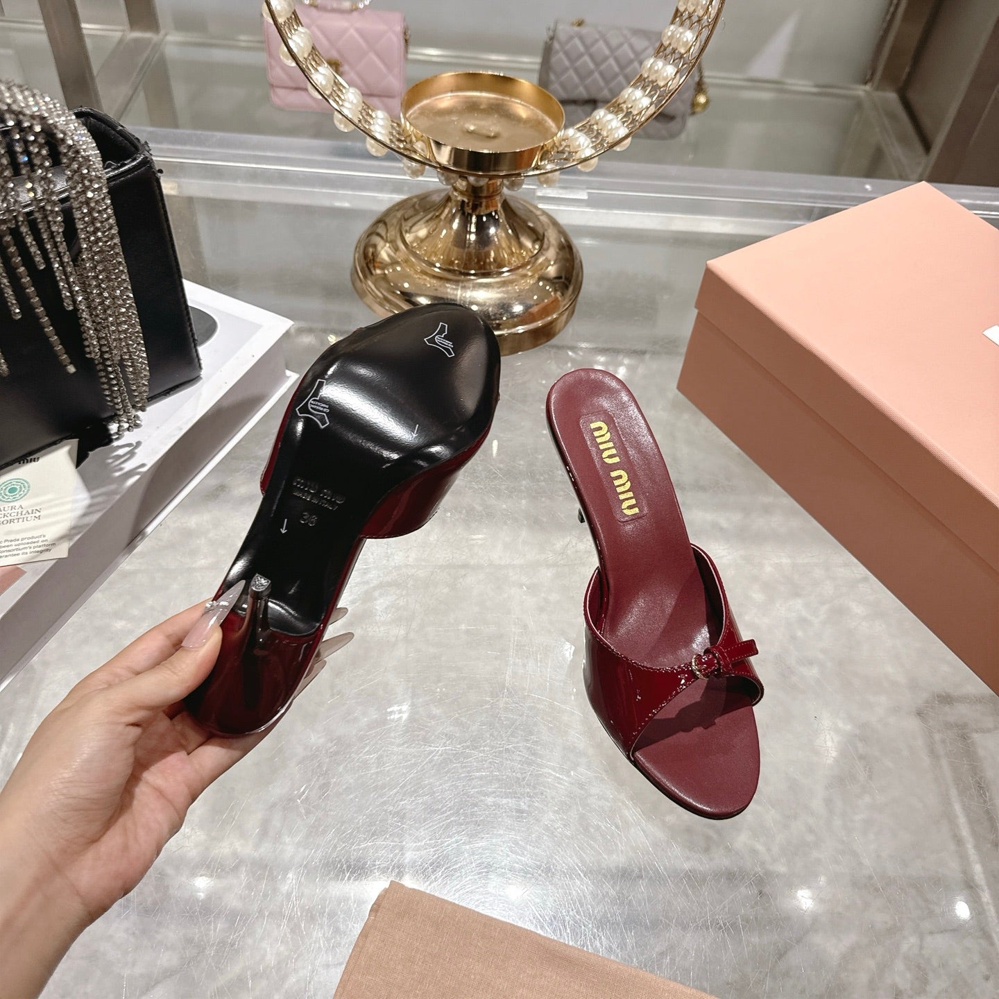 Miu Mules With Buckle Burgundy Patent Leather 751337
