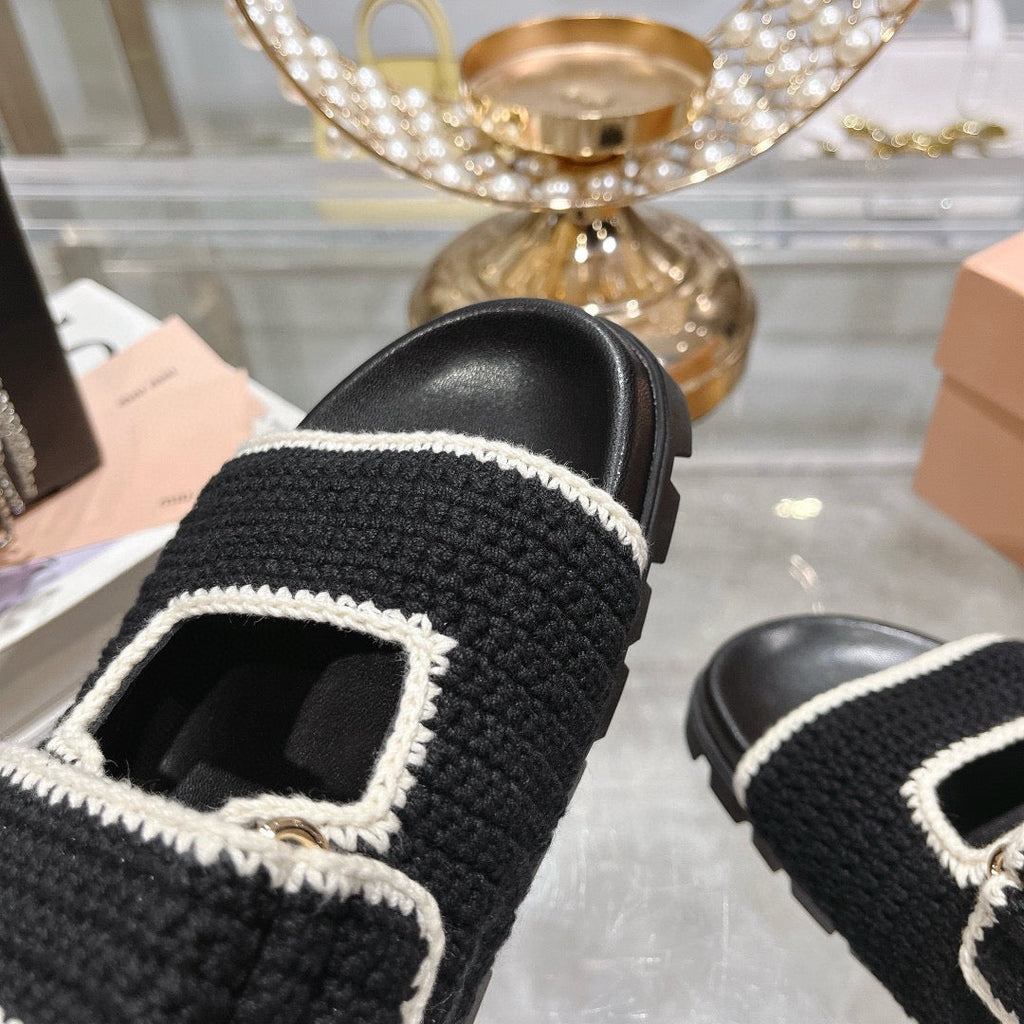 Miu Crochet Sandals Black White Woven 751359