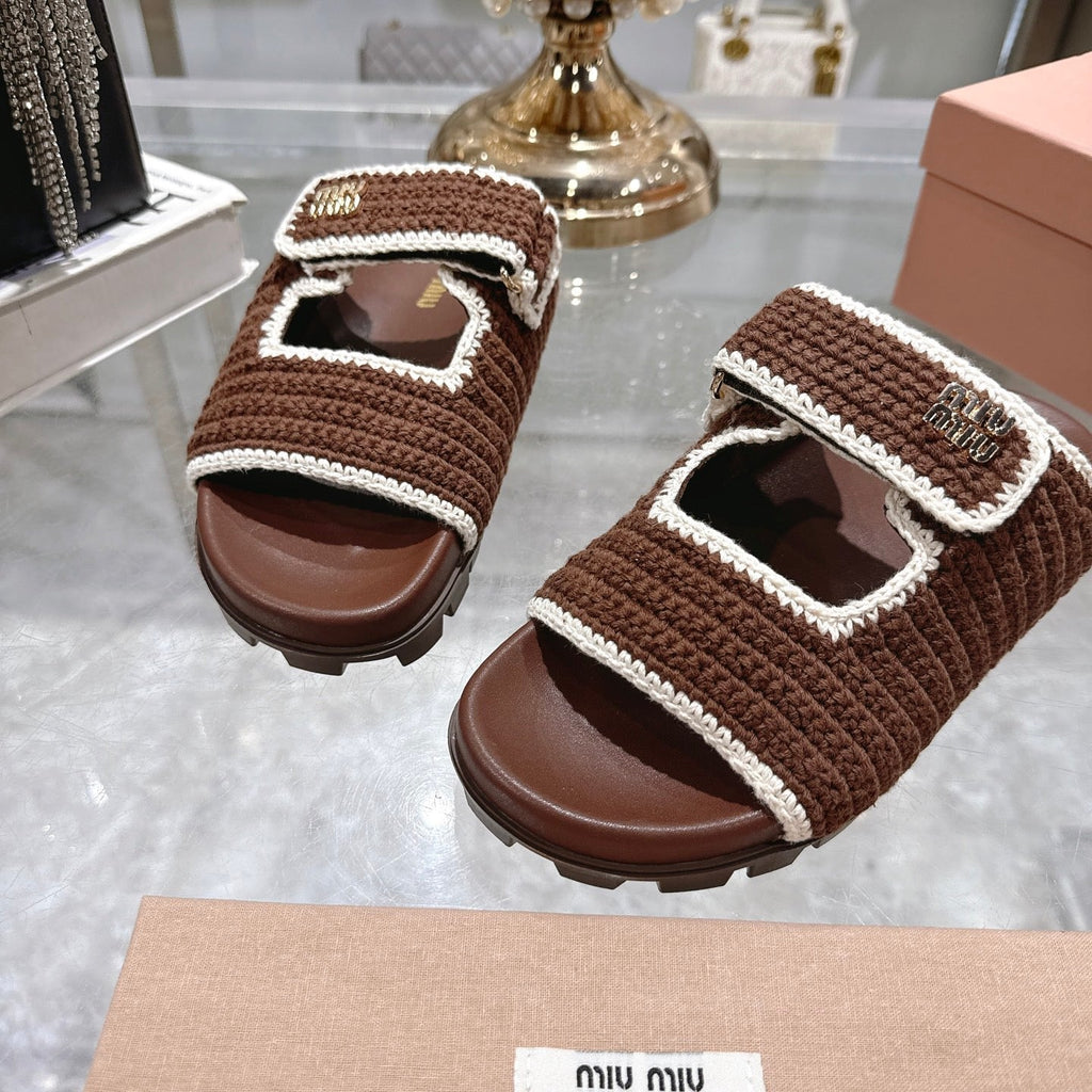 Miu Crochet Sandals Brown White Woven 751360