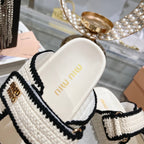 Miu Crochet Sandals Black White Woven 751361