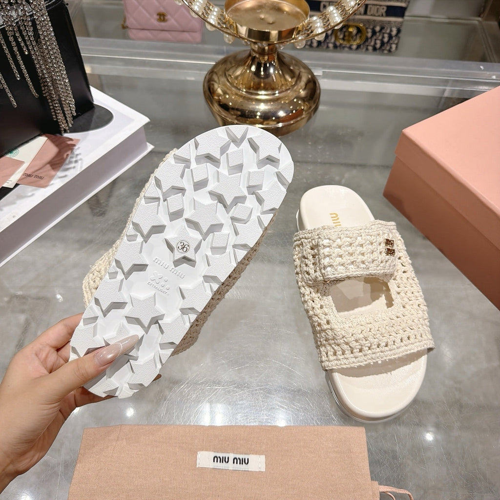 Miu Crochet Sandals Cream Woven 751363