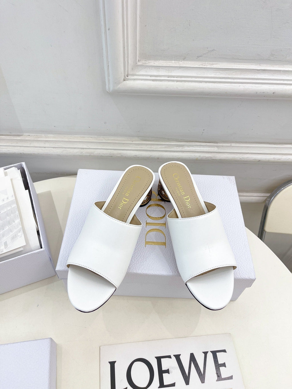 CD Icon Heeled Slide 40mm White Calfskin
