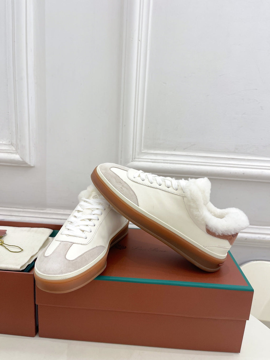 LP Tennis Walk Sneaker In White Grey Lambskin Lined With Wool Fleece 988264