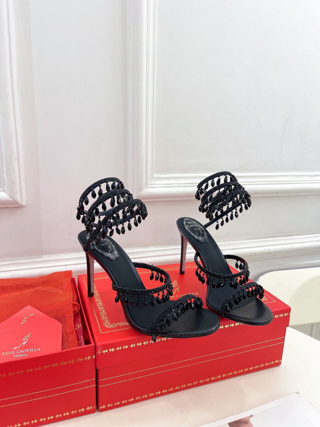 RC 25 Crystal Tassel High-Heeled Sandals Black Silk Crystal Diamond 253539