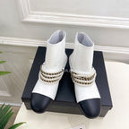 CC Pearl Chain Ankle Boots Booties 35mm Black White Lambskin 425464