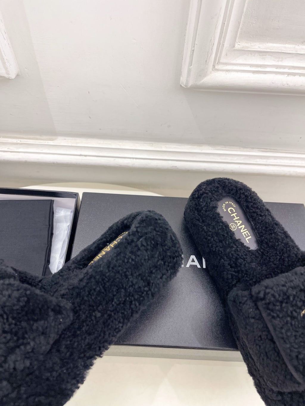 CC 25s Logo Slippers 50mm Black Wool GHW 435261