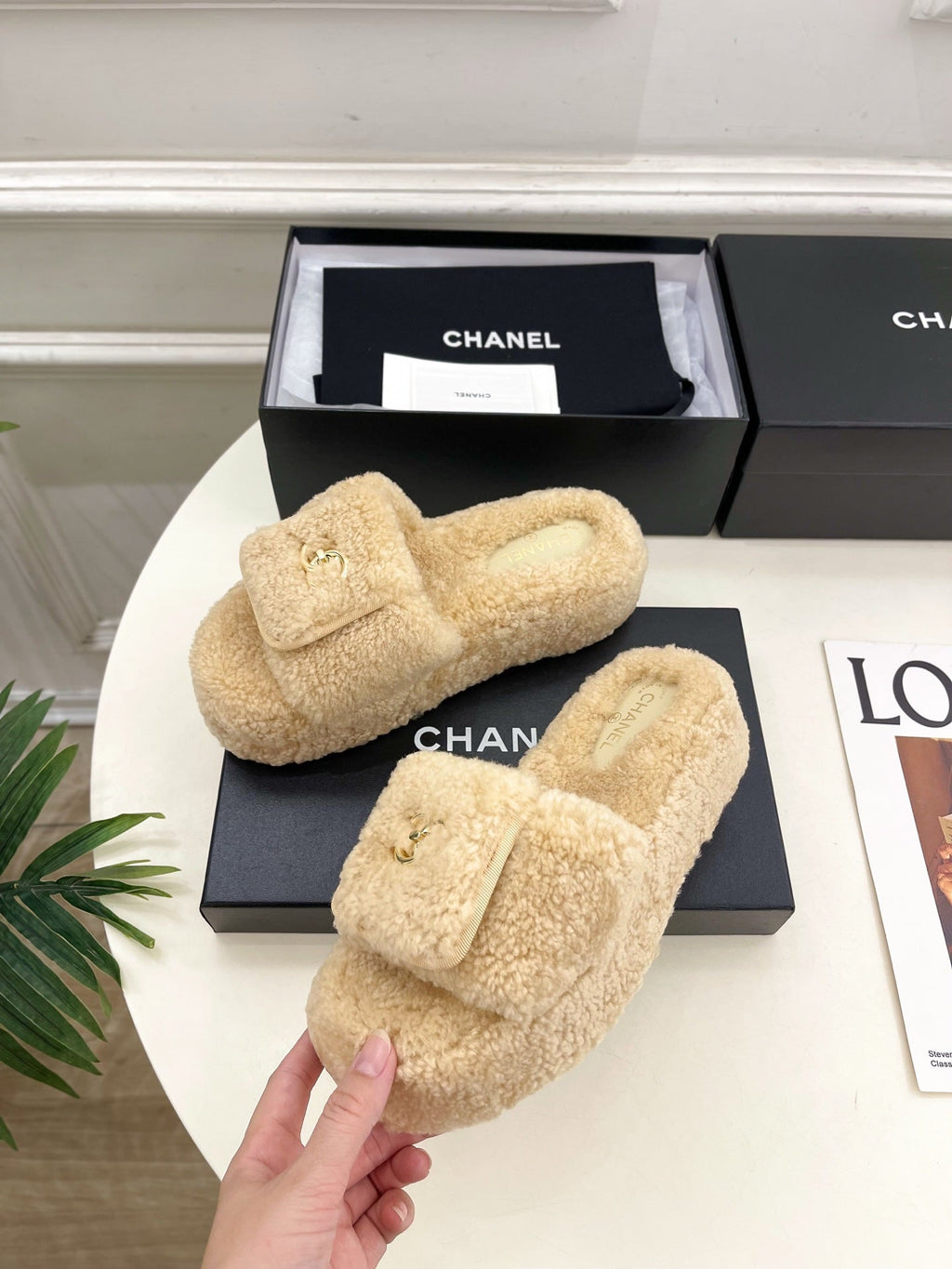 CC 25s Logo Slippers 50mm Beige Wool GHW 435264