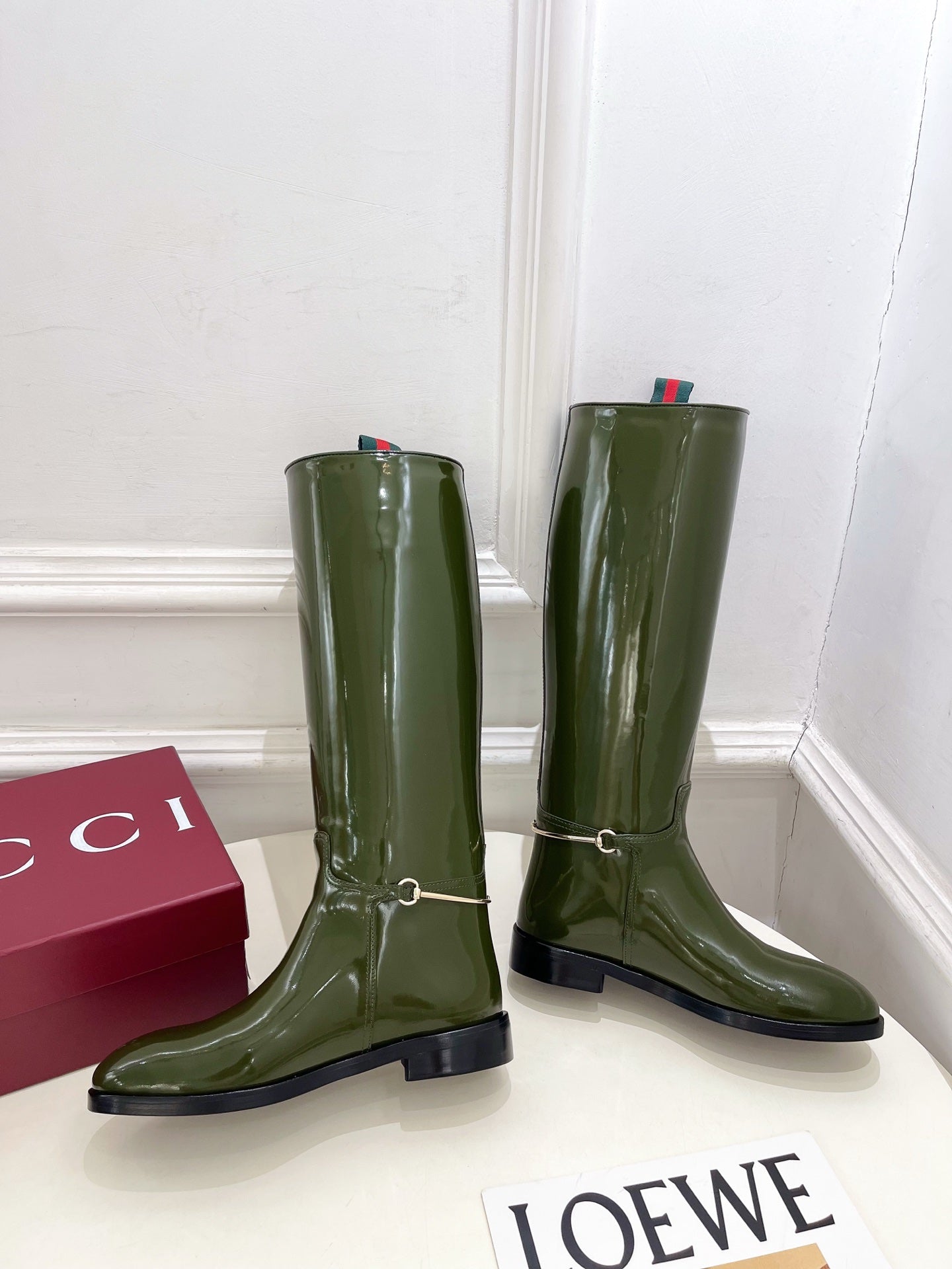 Gucci 25???? horsebit long boots dark olive green patent calfskin 435383