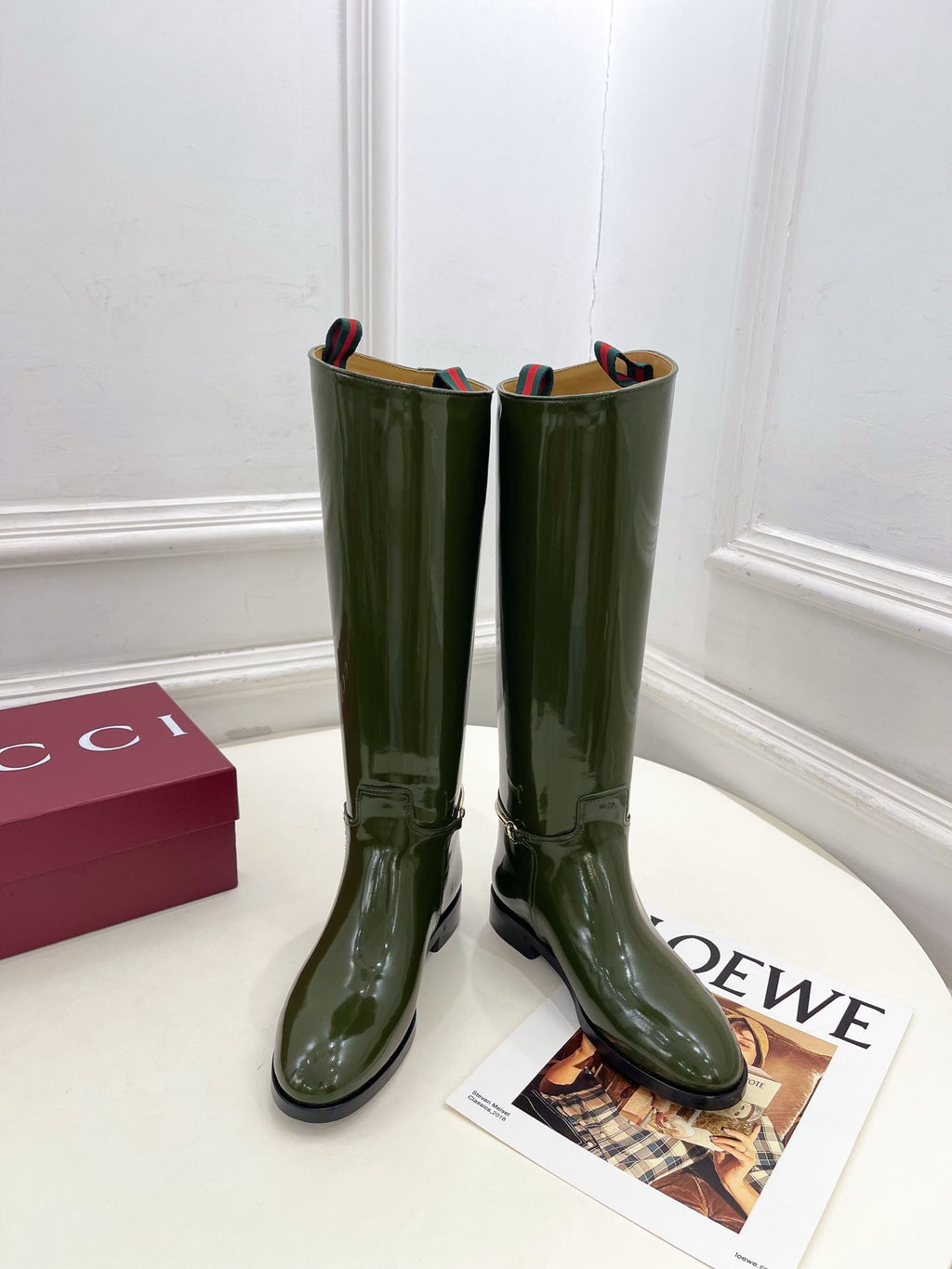 Gucci 25???? horsebit long boots dark olive green patent calfskin 435383