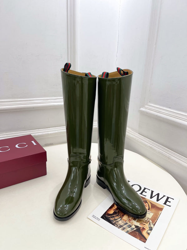 Gucci 25???? horsebit long boots dark olive green patent calfskin 435383