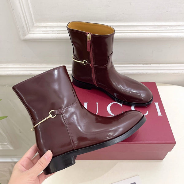 Gucci 25???? horsebit ankle boots burgundy patent calfskin 435385