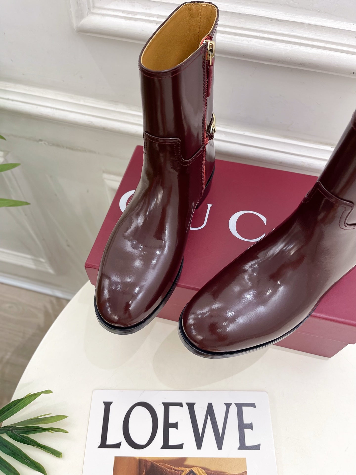 Gucci 25???? horsebit ankle boots burgundy patent calfskin 435385