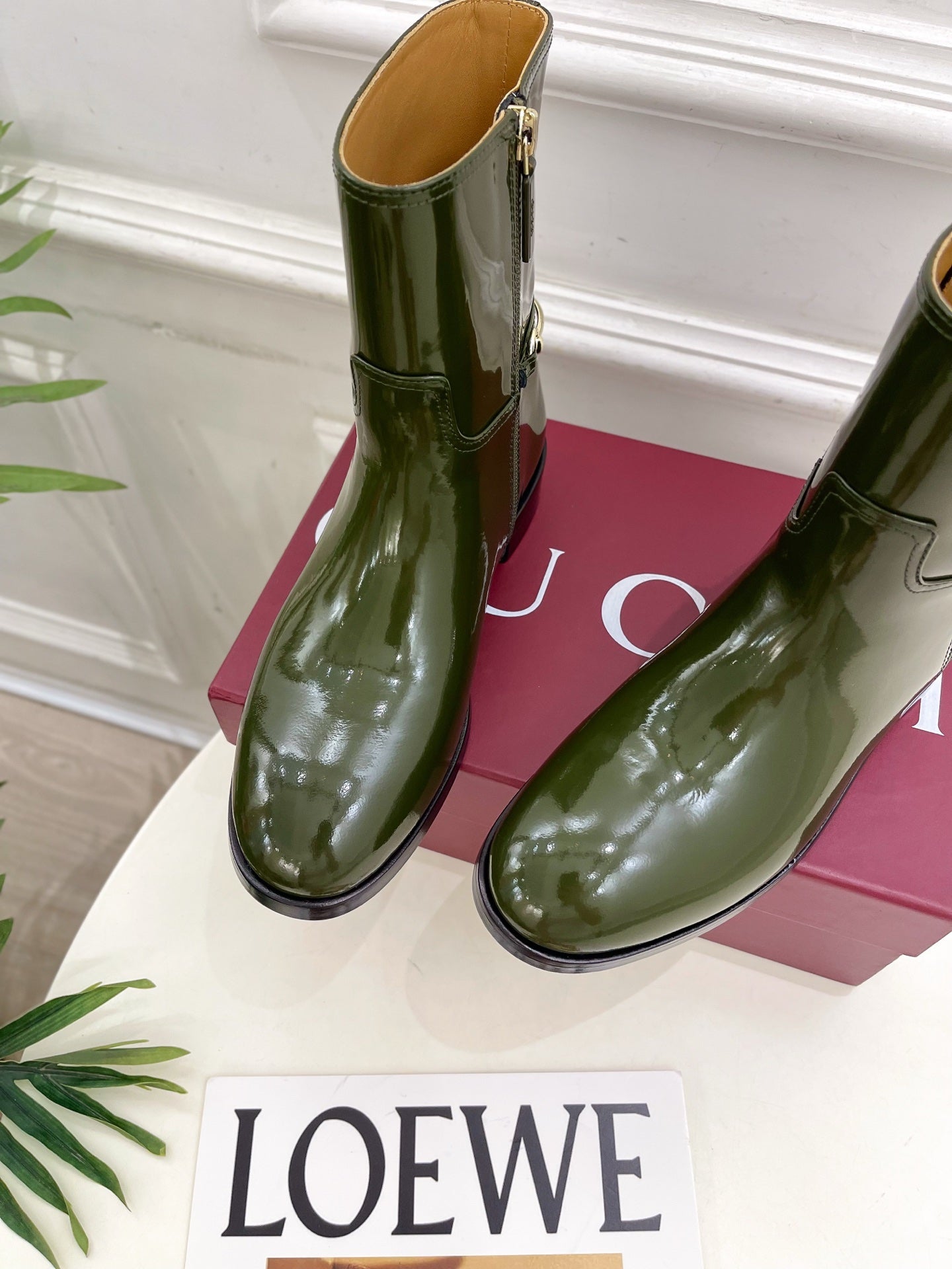 Gucci 25???? horsebit ankle boots dark olive green patent calfskin