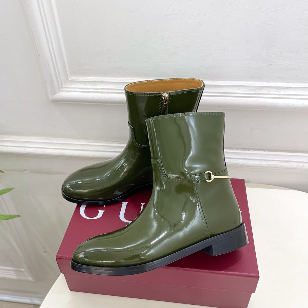 Gucci 25???? horsebit ankle boots dark olive green patent calfskin