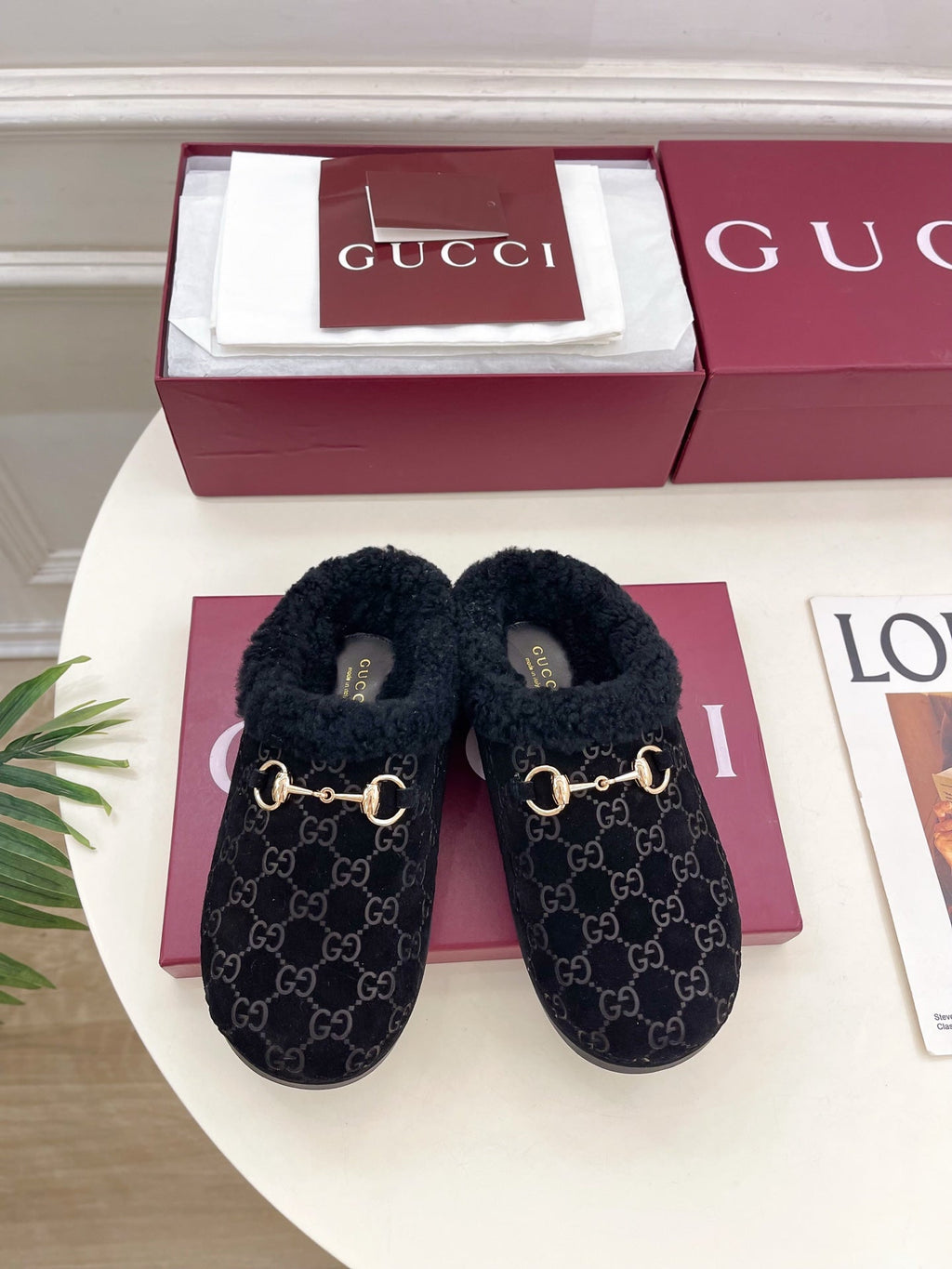 GG Horsebit Embossed Mule Black Suede And Wool 536050